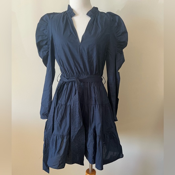 Anna Cate navy tie waste ruffle long sleeve Dress-Small - Picture 4 of 5